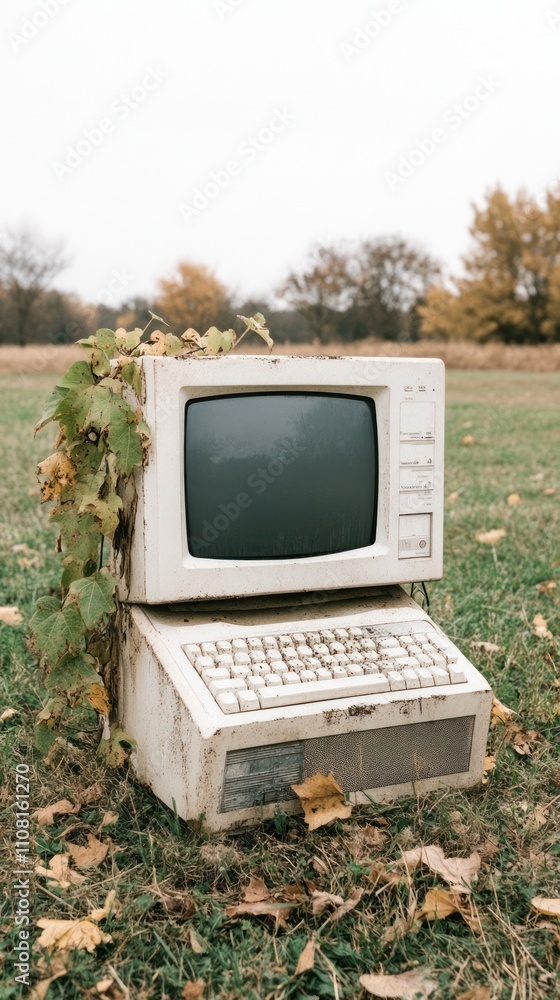 Poster an old, white computer sits in a field with vines growing over it.