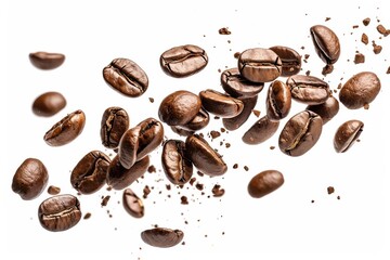 Obraz premium Coffee beans cascade in mid-air against a clean white backdrop