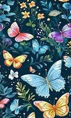 Fototapeta premium Dynamic composition of colorful butterflies intertwined with floral motifs, symbolizing transformation and beauty. Ideal for inspirational quotes, art prints, greeting cards, digital designs.