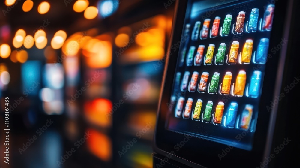 Poster close-up of a vending machine screen with a variety of colorful beverage options.