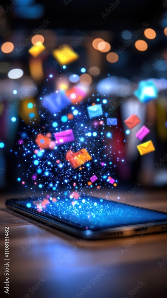 Poster colorful email icons floating from a smartphone on a wooden table with bokeh lights in the backgroun