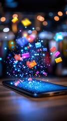 Colorful email icons floating from a smartphone on a wooden table with bokeh lights in the background.