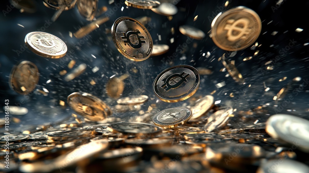 Poster golden bitcoin coins falling and creating a pile on a dark background.