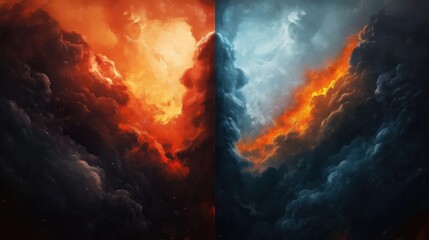 Fototapeta premium Dramatic contrast between hellish, heavenly realms. Fiery orange clouds clash with cool blue clouds. Powerful sky scene evokes themes of duality, conflict. Abstract art style creates visually