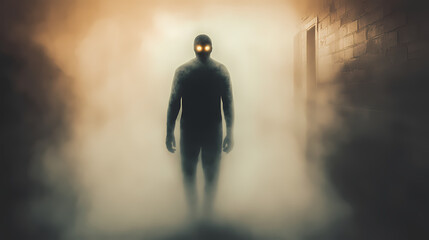 Fototapeta premium A haunting silhouette with glowing eyes emerges from the mist, evoking feelings of mystery and the supernatural. phantasm. illustration. haunting. illustration. Haunting. Illustration