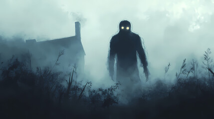 Fototapeta premium A haunting silhouette with glowing eyes emerges from the mist, evoking feelings of mystery and the supernatural. mystique. illustration. haunting. illustration. Haunting. Illustration