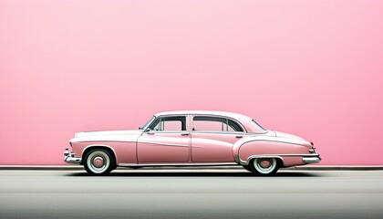 Obraz premium Pink retro car on a pink wall background. Illustration by Generative AI.