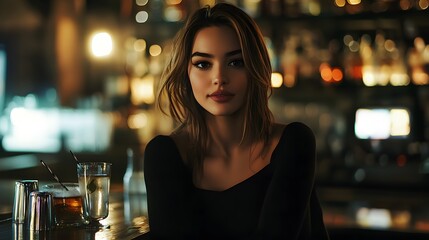 A woman in a black top sitting at the bar with drinks