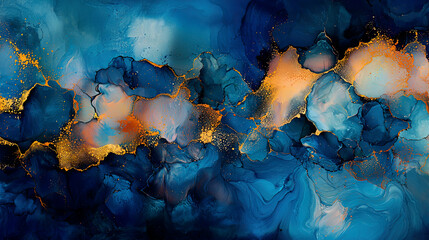 Abstract fluid composition featuring vibrant oceanic blues and fiery copper accents, intricate marbling textures, with shimmering golden highlights