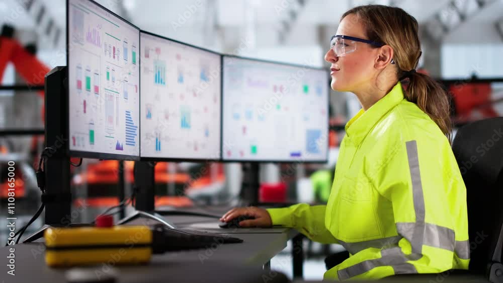 Poster automobile production system monitoring. desktop computers