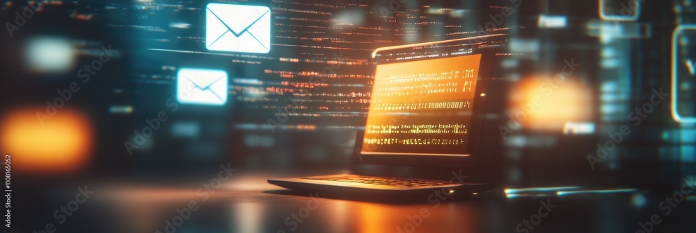 Poster a laptop displaying code and email icons, symbolizing technology and communication.