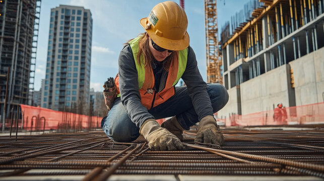 A construction worker wearing safety gear, including a hard hat and vest, is kneeling on the ground of an outdoor building site.