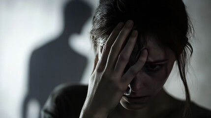 a woman's hand clutches her head, conveying fear and helplessness. Behind her, a blurred figure looms, suggesting violence and emotional turmoil. 