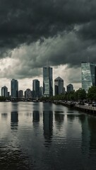 Fototapeta premium Rotterdam panorama, summer city in rainy weather.