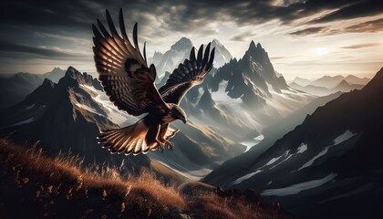 Obraz premium Bird of Prey in Flight Above Mountains