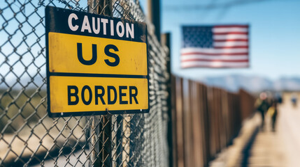 Sign of "Caution, US Border" on the US and Mexican border with a blurred American flag behind. Ongoing Illegal immigration and deportation concept