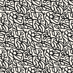 Vector abstract seamless pattern with organic shapes, botanical elements, cellular structures, liquid lines. Simple monochrome background. Elegant boho texture. Black and white repeating geo design