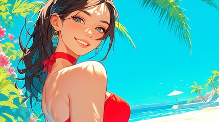 Vibrant anime-style artwork of a smiling woman with dark hair and blue eyes, wearing a red bikini, surrounded by tropical palm trees, flowers, and a bright blue ocean