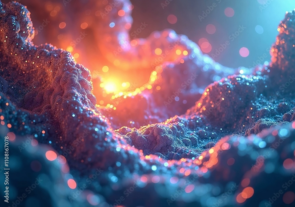 Poster abstract fluid forms with geometric patterns and prismatic light effects creating a cosmic ethereal 