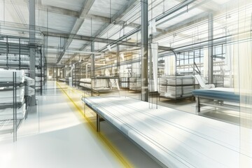 Obraz premium Modern textile factory interior featuring stacked fabric rolls, industrial shelving, and layered digital outlines blending reality and design concepts
