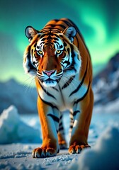 Obraz premium Majestic Tiger in Dramatic Arctic Wilderness Under Dancing Northern Lights with Mystical Atmosphere and Ethereal Lighting