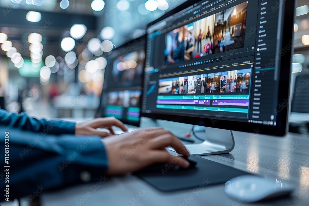 Aufkleber designer editing photo on computer in office setting