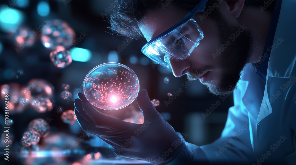 Poster scientist examines glowing orb surrounded by colorful particles in a modern laboratory setting at ni