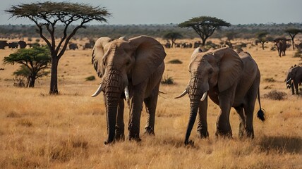 Fototapeta premium Elephant Herd Grazing in Savannah