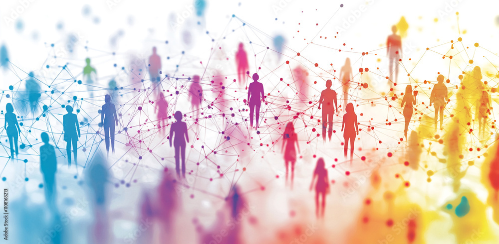 Poster people connected through technology in a vibrant digital network depicting social interaction