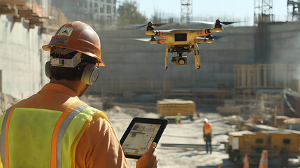 Technology Integration at Construction Site with Drones, Digital Surveys, BIM Models, and Workers Using Tablets --ar 16:9.illustration