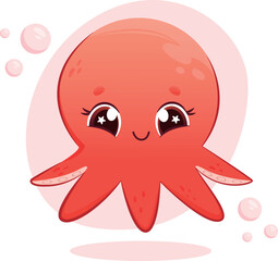 Cute vector kawaii octopus illustration for kids with gradient