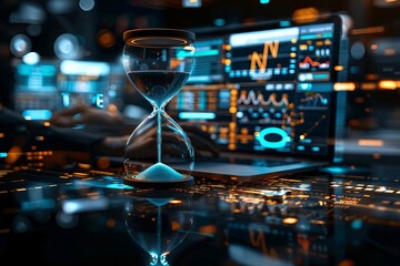Cutting-Edge Accountant Examines Digital Invoices with Holographic Screens and AI Tech, Represented by Clockwork Hourglass Counting Down to Tax Deadline