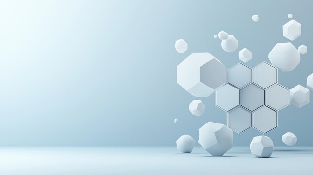 Geometric white hexagons and spheres floating against minimalistic blue background &ndash; abstract 3d design concept for modern science and technology themes