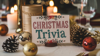 Christmas trivia night card on table. 
