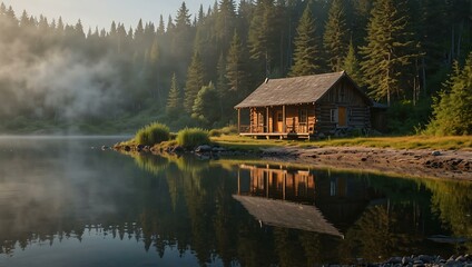 Obraz premium Rustic wooden cabin on a tranquil shore with morning mist.