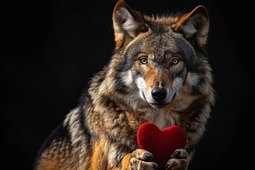 Obraz premium Valentine's Day: Wolf in Love Holding Heart Against Black Background