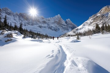 Adventurers traverse snowy trails in majestic mountains, highlighting the beauty of nature and the exhilaration of winter sports in a breathtaking winter wonderland.