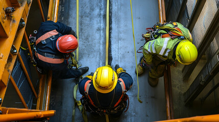 Workers Following Confined Space Entry Procedures with Permit, Ventilation Equipment, and Safety Harnesses --ar 16:9.illustration