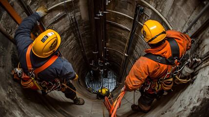 Workers Following Confined Space Entry Procedures with Permit, Ventilation Equipment, and Safety Harnesses --ar 16:9