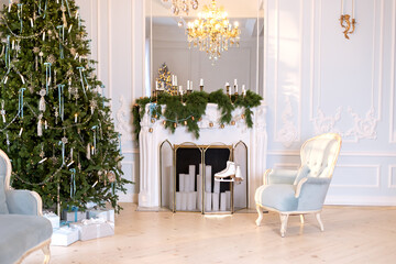 Classic elegant festive living room interior design with decorated Christmas tree and gifts, white...