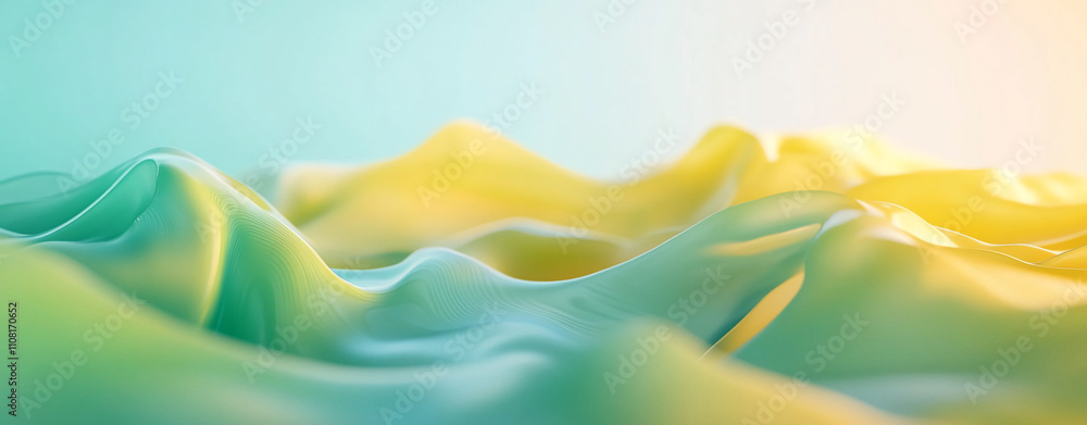 Poster waves of color flow across a tranquil landscape at sunrise creating a serene atmosphere