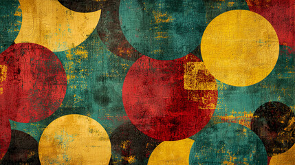 Colorful, circular motifs with a grunge effect, layering bold shades of red, teal, and mustard,