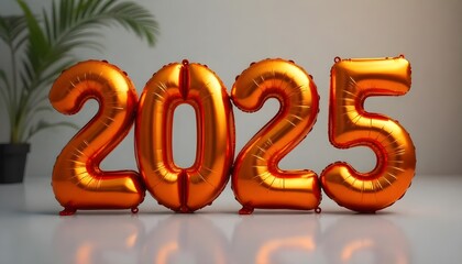 Orange balloon numbers 2025, festive decoration for New Year and Christmas celebrations, New Year Celebration Stock Photo for Marketing and Events