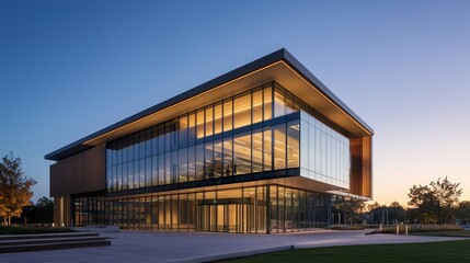 Fototapeta premium Modern architectural masterpiece in evening light with large glass panels and sleek wooden design