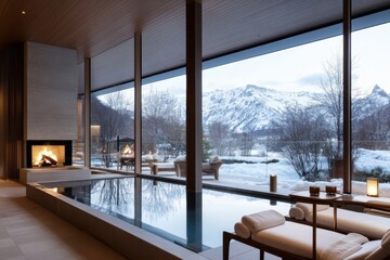 Fototapeta premium This contemporary spa interior showcases a stylish fireplace and large windows framing the snowy landscape, creating an inviting space for relaxation and comfort in winter.