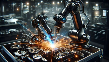 Fototapeta premium Dual Robotic Arms Working on Industrial Machinery