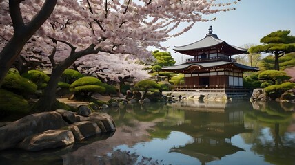 Fototapeta premium : Tranquil Japanese Garden with Cherry Blossoms