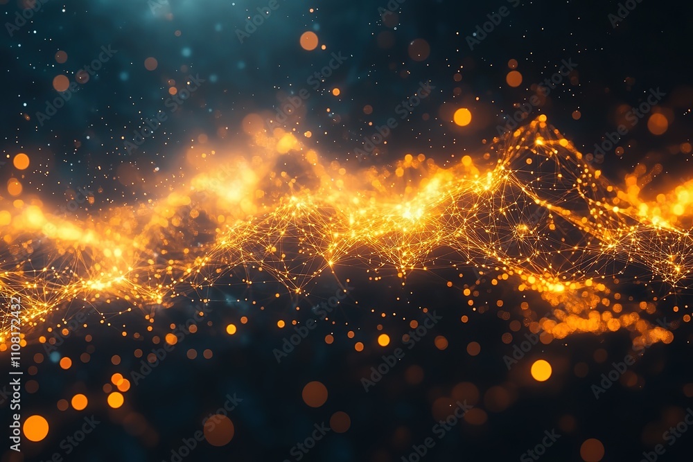 Poster abstract golden network wave on a dark background. a futuristic concept with glowing particles and b