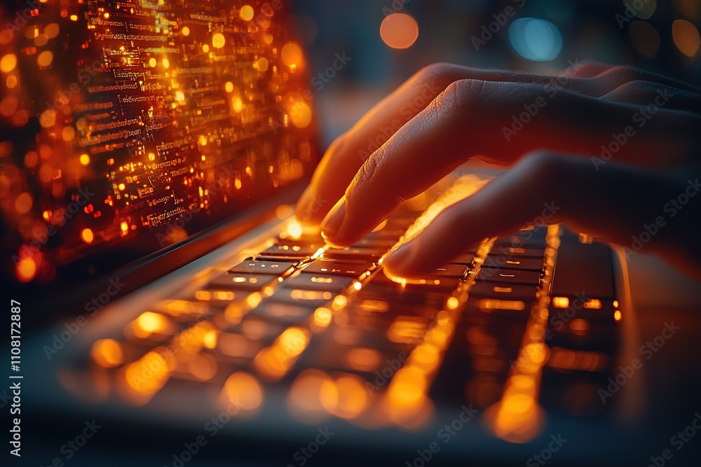 Poster close-up of a person typing on a laptop keyboard, illuminated by the warm glow of the screen display