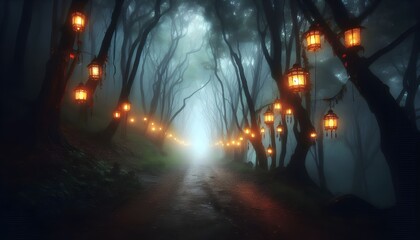 Glowing Lanterns in Enchanted Forest